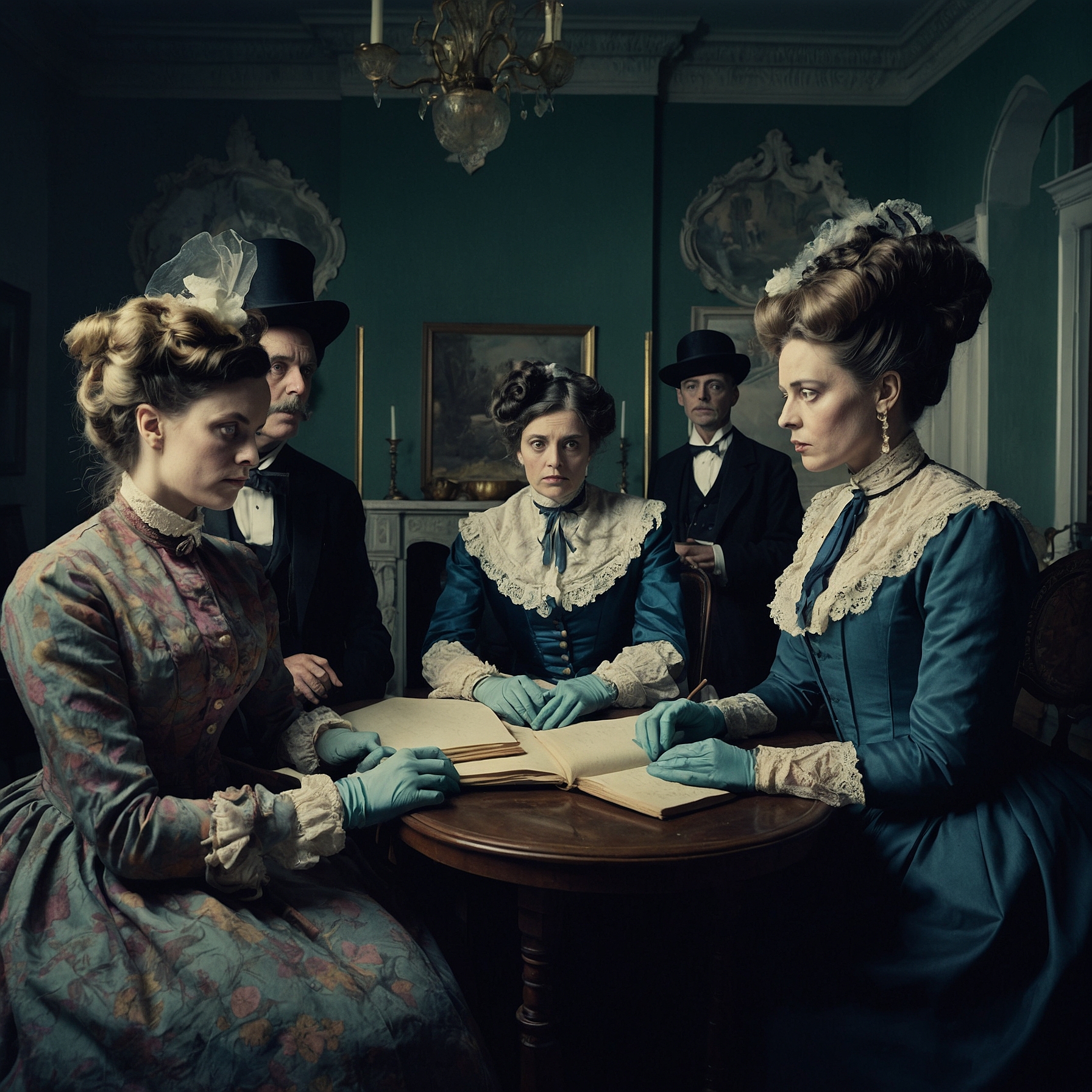 A group of Victorians dressed in period clothing, participating in a séance with a sense of anticipation and intrigue.