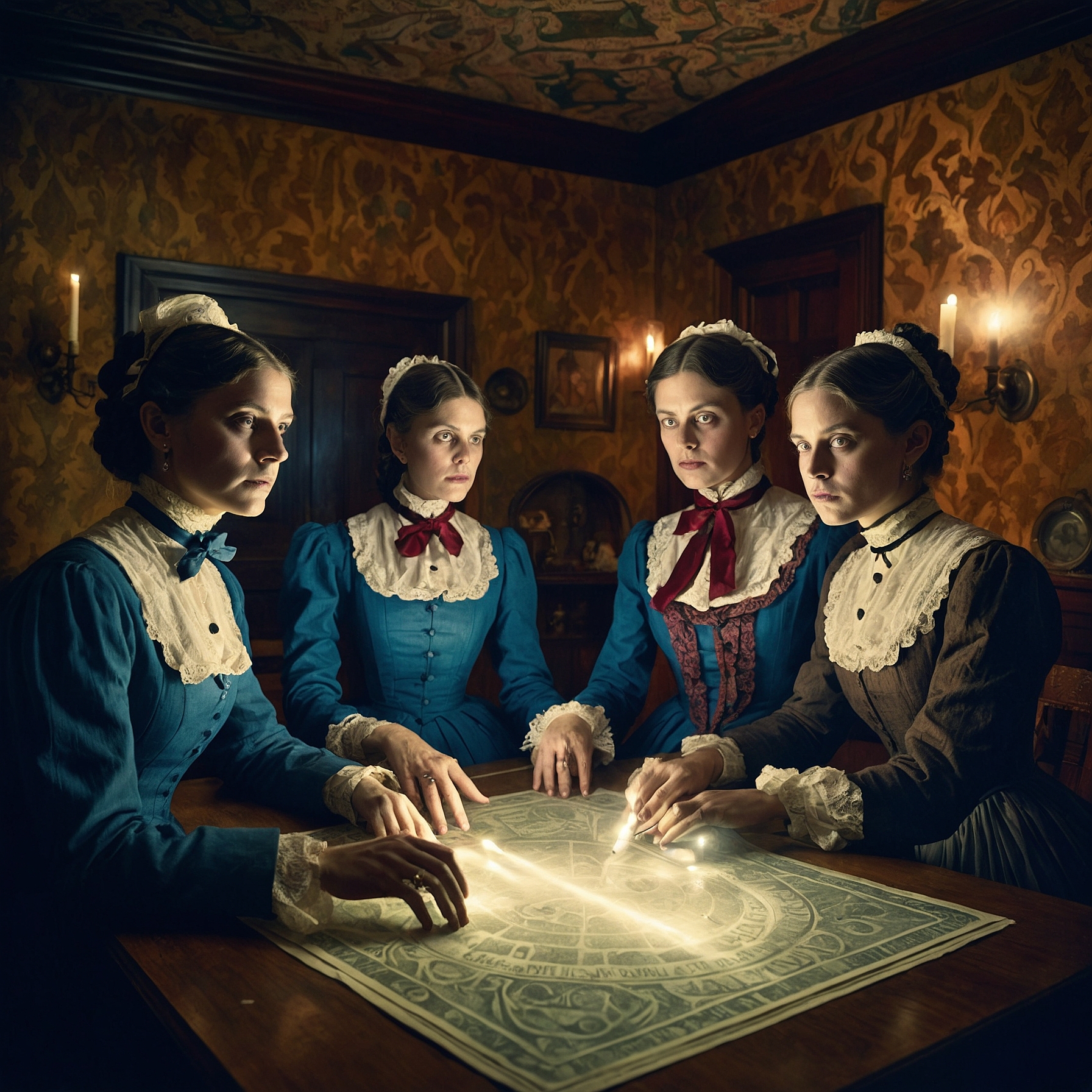 a group of Victorians dressed in period clothing, participating in an ouija board as ethereal light illuminates the room.