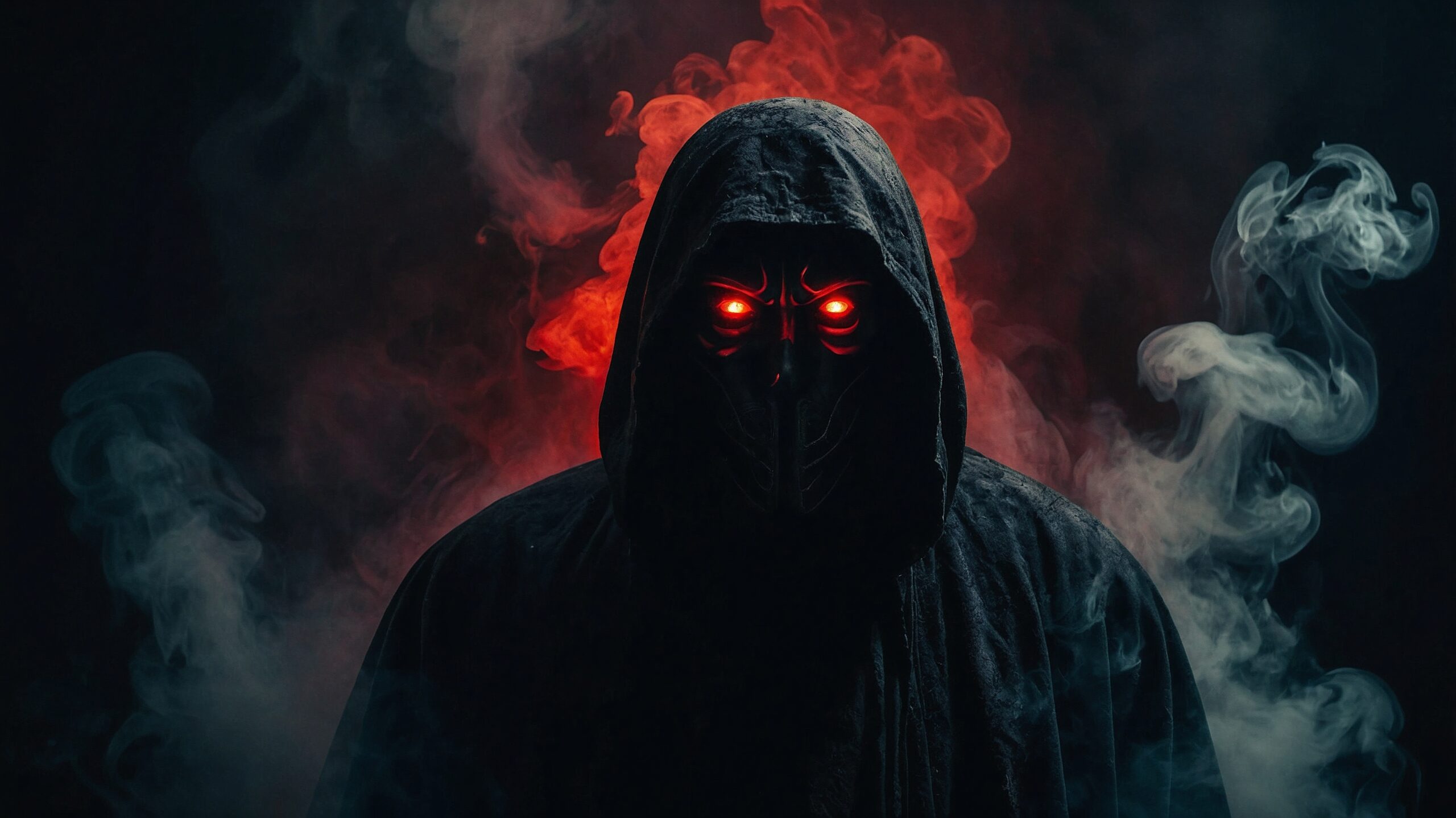 A realistic image of a dark, oppressive figure with glowing red eyes, surrounded by swirling smoke and menacing shadows.