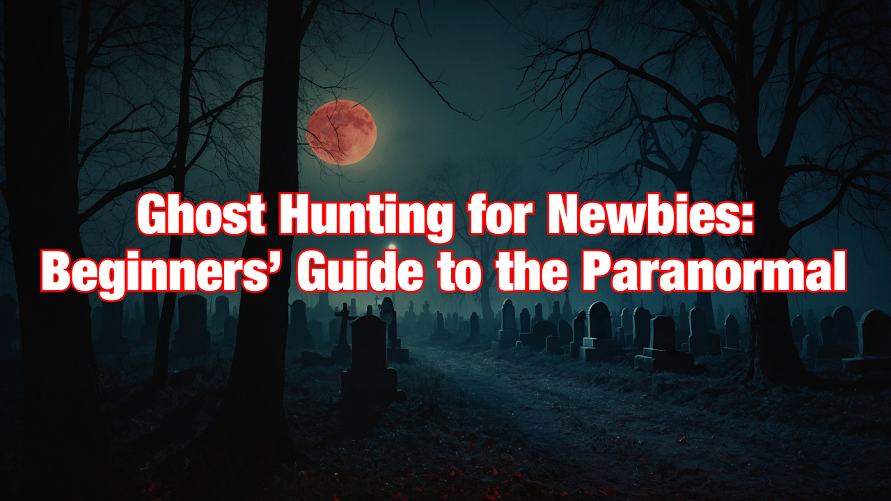 horror-inspired illustration for "Ghost Hunting for Newbies: Beginners' Guide to the Paranormal." The textured paper sketch features ghost hunters exploring a misty graveyard under a full moon, bathed in eerie shades of red, blue, and yellow