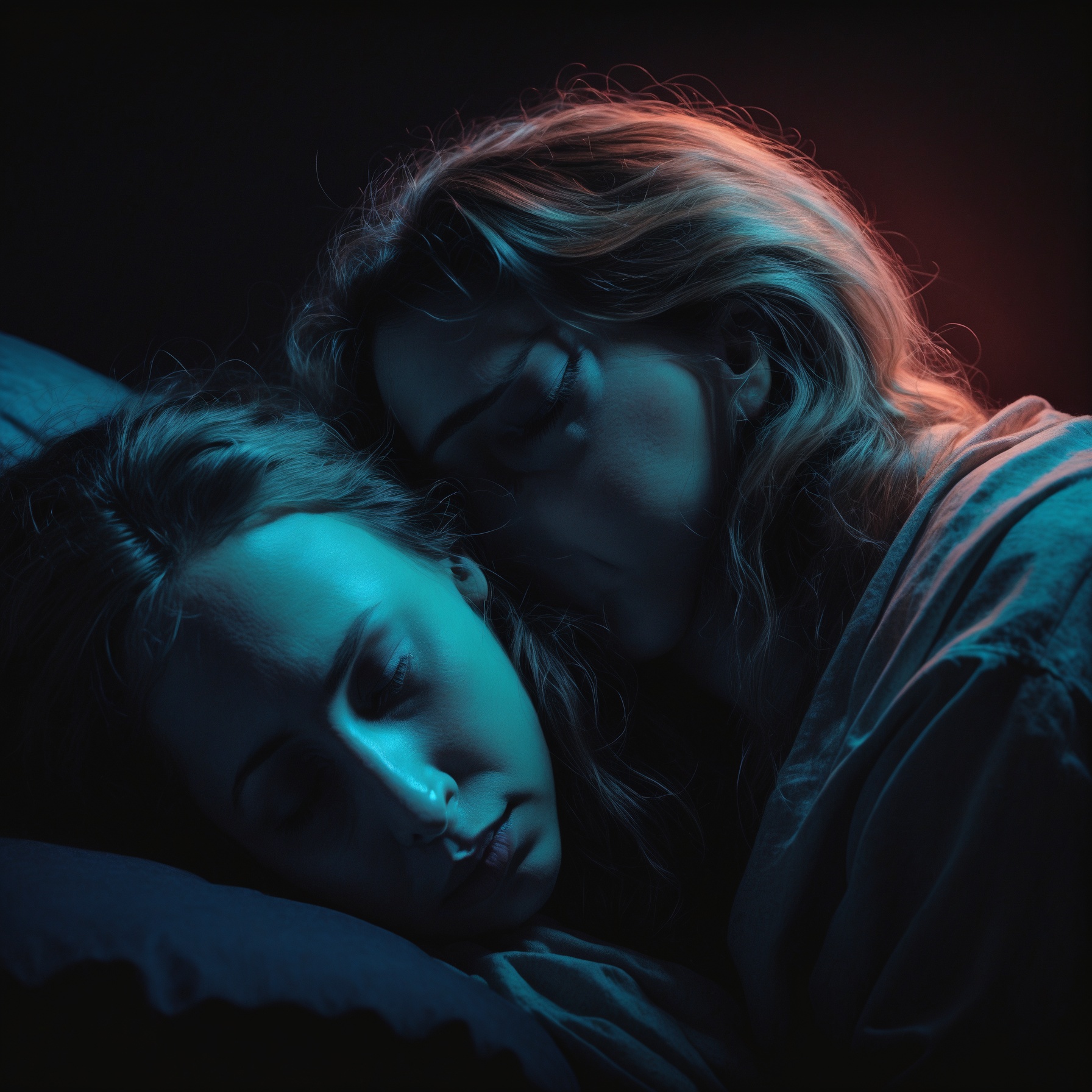 A haunting masterpiece of a rough color pencil sketch of A shadowy figure whispering into the ear of a sleeping person in bed.