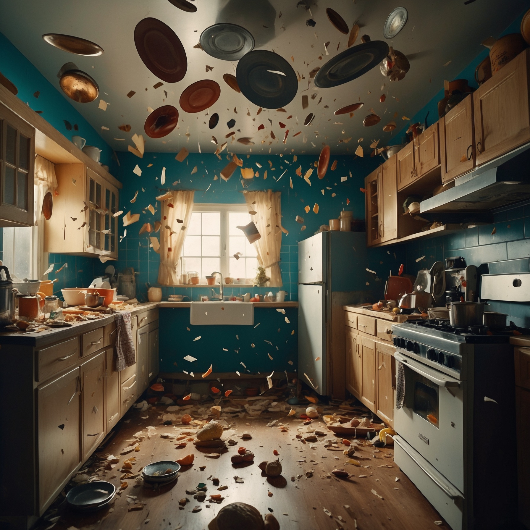 A chaotic kitchen scene with objects flying through the air, cabinet doors slamming, and lights flickering.