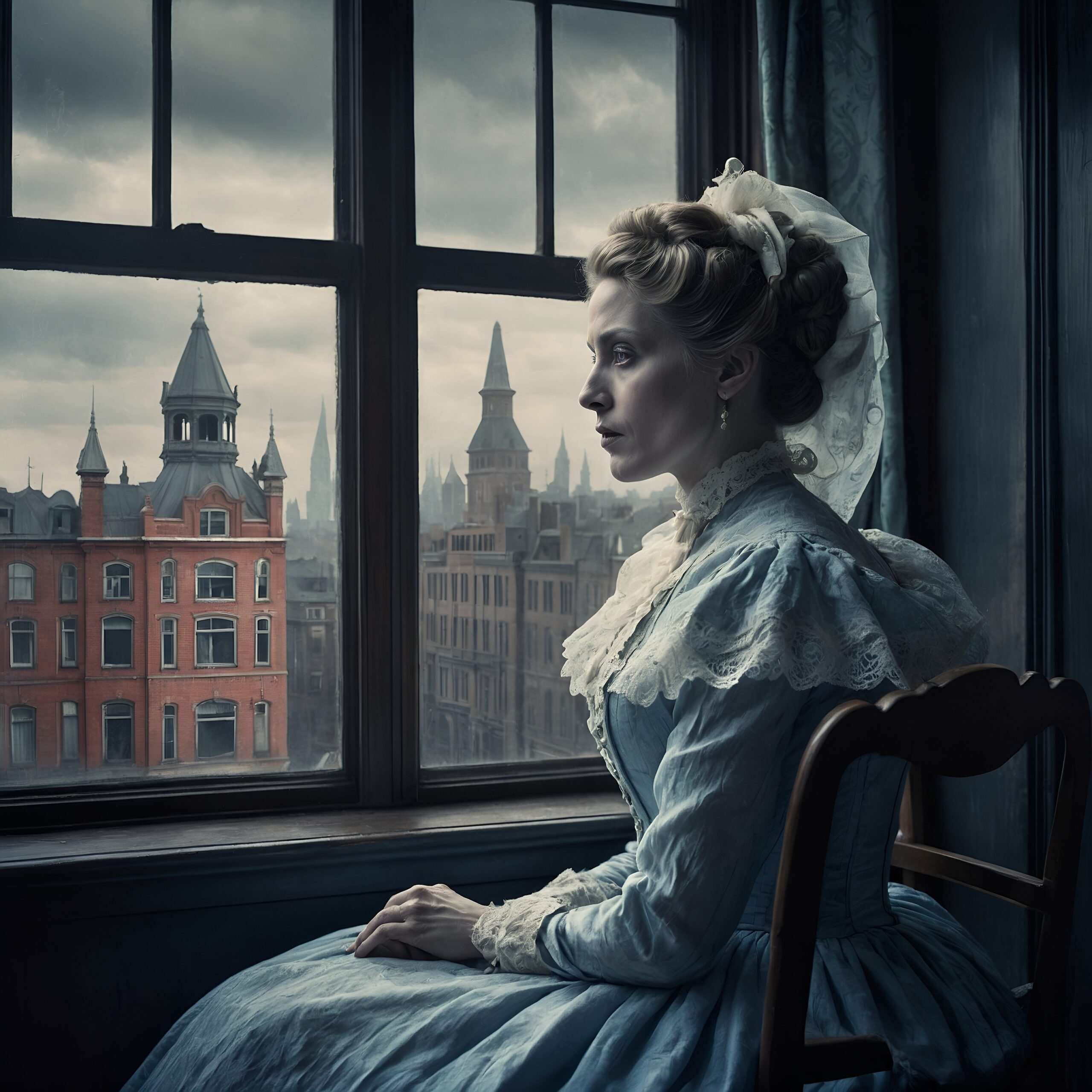 A haunting masterpiece of a rough color pencil sketch of a ghostly woman dressed in Victorian period clothing sitting by the window looking at a modern-day city street
